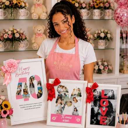 Emprendedora mostrando portarretratos personalizados del kit